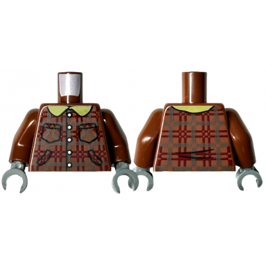 reddish brown torso plaid jacket with dark brown and dark red lines silver buttons yellow collar and pockets pattern reddish brown arms dark bluish gray hands