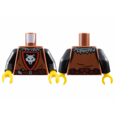 reddish brown torso castle wolfpack with black and red shield light bluish gray wolf dark bluish gray collar and dark red belt with pouches pattern black arms yellow hands