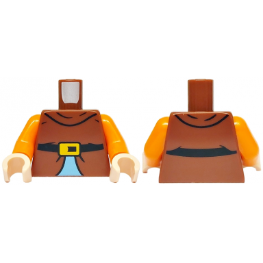 reddish brown torso tunic with turtleneck over medium blue shirt black belt bright light orange buckle pattern orange arms light nougat hands