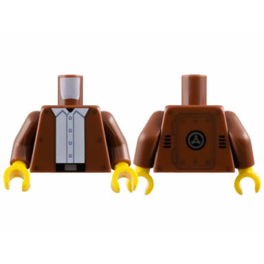 reddish brown torso jacket open with dark brown rivets over white shirt with buttons black belt with silver buckle hinged panel on back pattern reddish brown arms yellow hands