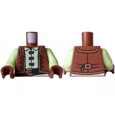 reddish brown torso vest open with dark orange trim over yellowish green shirt with laces dark brown belt with gold buckle pattern yellowish green arms reddish brown hands