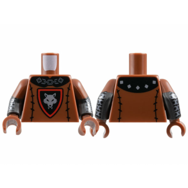 reddish brown torso black collar shield with red border and stitching silver chain and wolf head pattern pearl dark gray arms with molded reddish brown short sleeves and printed black and silver chain mail pattern reddish brown hands