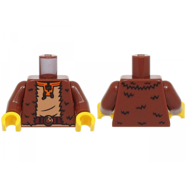 reddish brown torso fur jacket open over medium nougat shirt with orange collar dark red belt with round buckle pattern bam reddish brown arms yellow hands