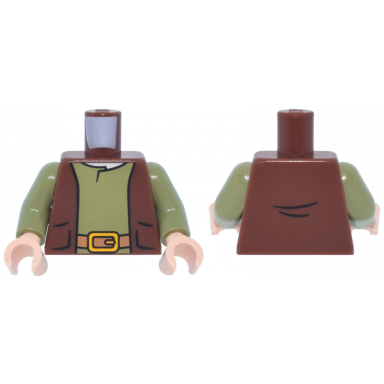reddish brown torso vest open with pockets olive green shirt medium nougat belt with bright light orange buckle light nougat neck pattern olive green arms light nougat hands