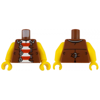 reddish brown torso pirate vest open with silver trim and 3 buckles over shirt with red and white horizontal stripes pattern yellow arms yellow hands