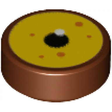 reddish brown tile round 1 x 1 with eye with bright light yellow iris black pupil and orange dots pattern