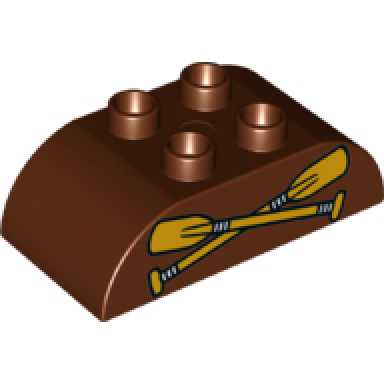 reddish brown duplo brick 2 x 4 slope curved double with bright light orange crossed oars paddles pattern