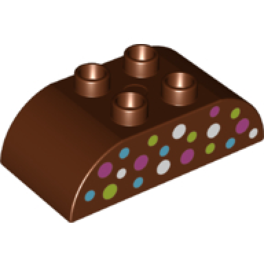 reddish brown duplo brick 2 x 4 slope curved double with dark pink lime medium azure and white dots pattern