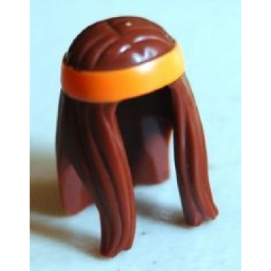 reddish brown minifigure hair long with orange headband pattern