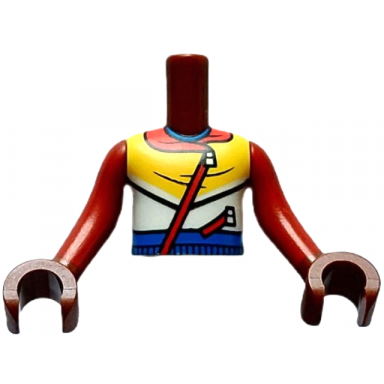reddish brown torso mini doll boy yellow white blue and red hoodie with zippers pattern reddish brown arms with hands with red long sleeves