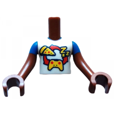 reddish brown torso mini doll boy white shirt with red curved arrows and yellow zzz pizza and game controller pattern reddish brown arms with hands with blue short sleeves