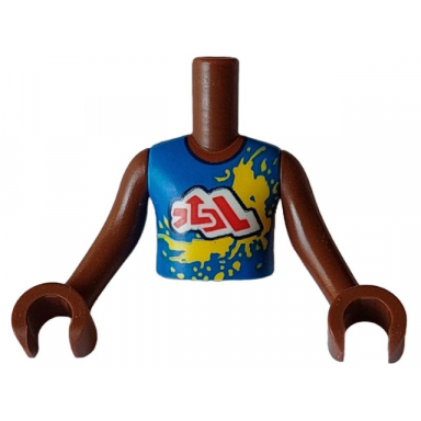 reddish brown torso mini doll boy blue sleeveless shirt with yellow splotches and white cloud with red symbols pattern reddish brown arms with hands
