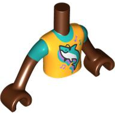 reddish brown torso mini doll boy bright light orange shirt with shark and music notes pattern reddish brown arms with hands with dark turquoise short sleeves