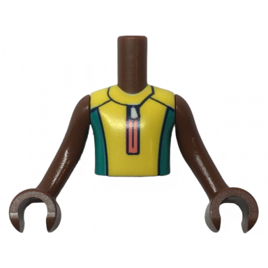 reddish brown torso mini doll boy yellow and dark turquoise wetsuit with coral zipper and dolphin whale logo on back pattern reddish brown arms with hands