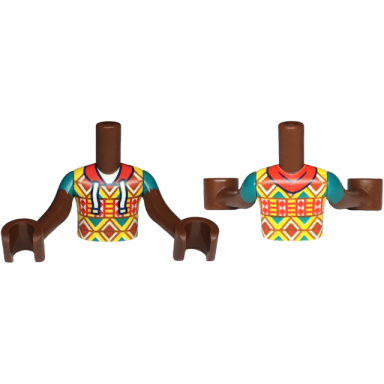 reddish brown torso mini doll boy yellow hoodie with red white dark orange and dark turquoise geometric shapes red hood with strings pattern reddish brown arms with hands with dark turquoise short sleeves