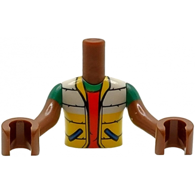reddish brown torso mini doll boy white jacket with blue pockets yellow bottom and collar over red shirt pow! in star on back pattern reddish brown arms with hands with green short sleeves