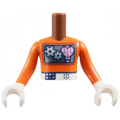 reddish brown torso mini doll boy reddish orange robot costume dark silver box with silver gears and metallic pink heart white belt pattern reddish orange arms sleeves with white hands gloves
