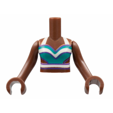reddish brown torso mini doll girl dark turquoise tank top with white straps and stripes dark purple trim pattern reddish brown arms with hands
