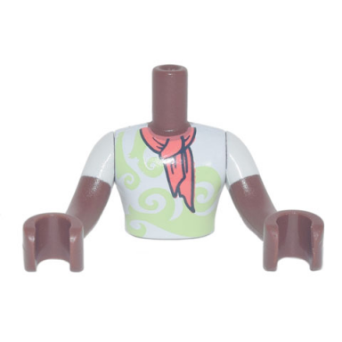 reddish brown torso mini doll man white shirt with yellowish green swirls coral scarf pattern reddish brown arms with hands with white short sleeves