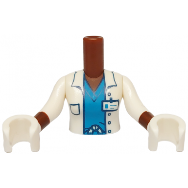 reddish brown torso mini doll woman white jacket with dark blue pocket and id badge over dark azure scrubs pattern white arms with hands with reddish brown wrists