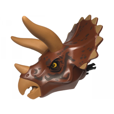 reddish brown dinosaur head triceratops with pin medium nougat horns and beak and dark brown markings pattern