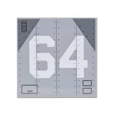 tile 6 x 6 with bottom tubes with white 64 on metal aircraft panels with rivets and dark bluish gray corners pattern sticker - set 76042