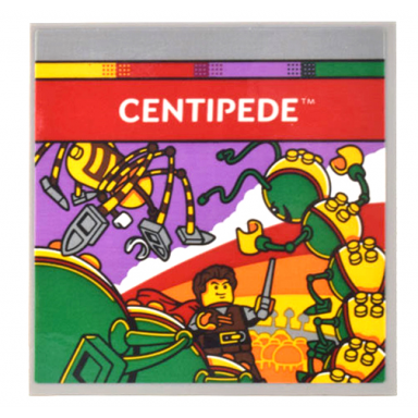 tile 6 x 6 with bottom tubes with game cartridge white centipede on red banner and minifigure fighting spider and centipedes pattern sticker - set 10306