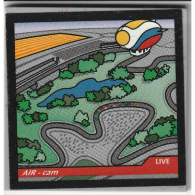 light bluish gray tile 6 x 6 with bottom tubes with air-cam live formula 1 race track lake trees and airship on screen pattern sticker - set 75883