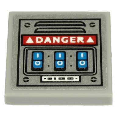 light bluish gray tile modified 2 x 2 inverted with white danger and 3 blue buttons on metal plate with vent pattern sticker - set 70432