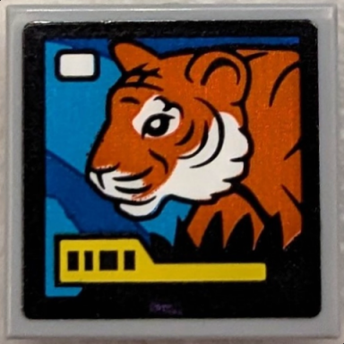 light bluish gray tile modified 2 x 2 inverted with tv screen with reddish orange tiger on blue and dark azure background and yellow bar pattern sticker - set 60440