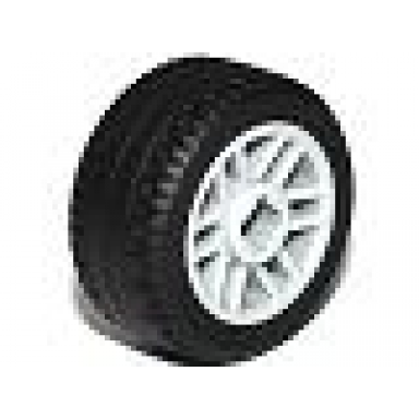 light bluish gray wheel 14mm d x 9.9mm with center groove fake bolts and 6 double spokes with black tire 21 x 9.9 11208 11209