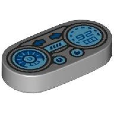 light bluish gray tile round 1 x 2 oval with silver dashboard metallic light blue tachometer with number 9 and speedometer with number 92 pattern