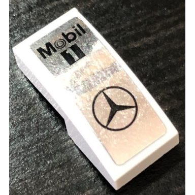 light bluish gray slope curved 2 x 1 x 2 3 with black mobil 1 and mercedes-benz logo on silver mirrored background pattern sticker - set 75911