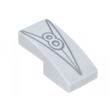 light bluish gray slope curved 2 x 1 x 2 3 with metallic silver letter v and number 8 hood ornament pattern
