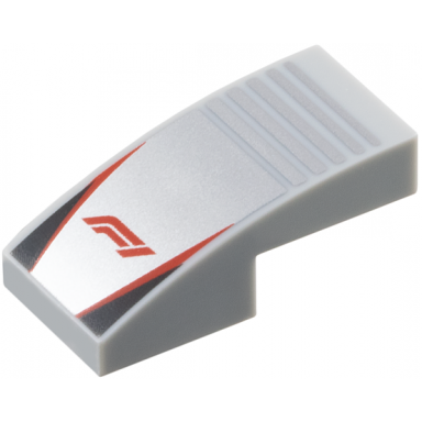 light bluish gray slope curved 2 x 1 x 2 3 with formula 1 logo stylized red f1 on silver background with notches red stripes black triangles pattern