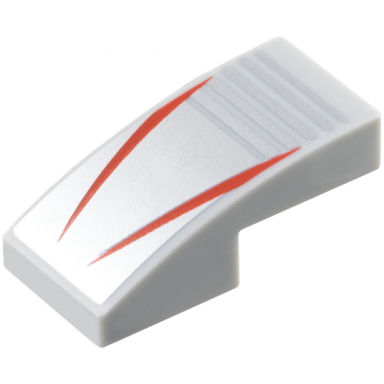 light bluish gray slope curved 2 x 1 x 2 3 with 2 red stripes on silver background with notches pattern