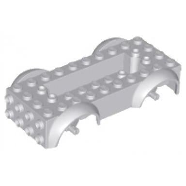 light bluish gray vehicle base 5 x 10 x 2 1 2 with mudguards and 6 x 2 recessed center with 3 holes with same color wheels holders attached