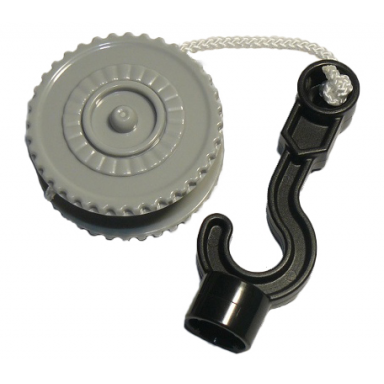 light bluish gray duplo winch drum narrow ridged with white string and black thick hook fixed with stud holder