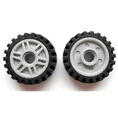 light bluish gray wheel 18mm d x 8mm with fake bolts and deep spokes with inner ring with black tire 24mm d x 7mm offset tread - band around center of tread 13971 61254