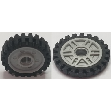 light bluish gray wheel 18mm d x 8mm with fake bolts and deep spokes with inner ring with black tire 24mm d x 7mm matching tread - band around center of tread 13971 61254b