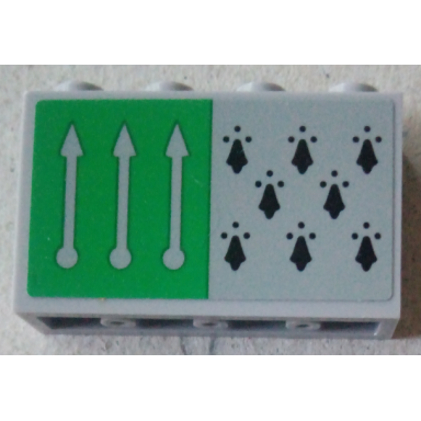 light bluish gray panel 1 x 4 x 2 with side supports - hollow studs with 8 black spires and 3 arrows on green background pattern sticker - set 75956