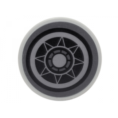 light bluish gray tile round 2 x 2 with bottom stud holder with sw white and black circles and triangles geometric pattern sticker - set 75102