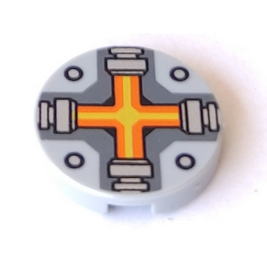 light bluish gray tile round 2 x 2 with bottom stud holder with orange and yellow cross pattern