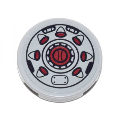 light bluish gray tile round 2 x 2 with bottom stud holder with black outline and radial red buttons pattern sticker - set 70592
