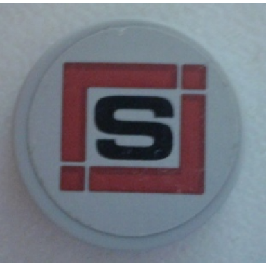 light bluish gray tile round 2 x 2 with bottom stud holder with black s in dark red square pattern sticker - set 79116