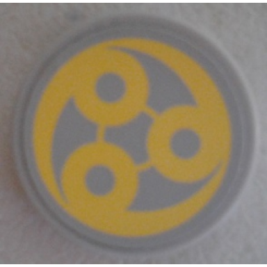 light bluish gray tile round 2 x 2 with bottom stud holder with yellow swirl sw ado eemon emblem pattern sticker - set 75042