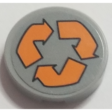 light bluish gray tile round 2 x 2 with bottom stud holder with orange recycling arrows pattern sticker - set 70615