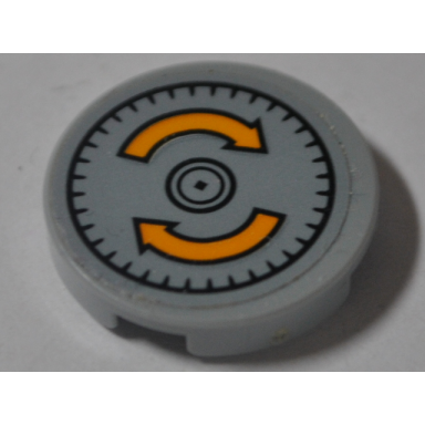light bluish gray tile round 2 x 2 with bottom stud holder with yellow curved arrows pattern sticker - set 76067