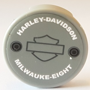 light bluish gray tile round 2 x 2 with bottom stud holder with silver harley-davidson and milwauke-eight pattern sticker - set 10269