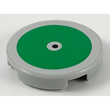 light bluish gray tile round 2 x 2 with bottom stud holder with large green circle and black center dot pattern